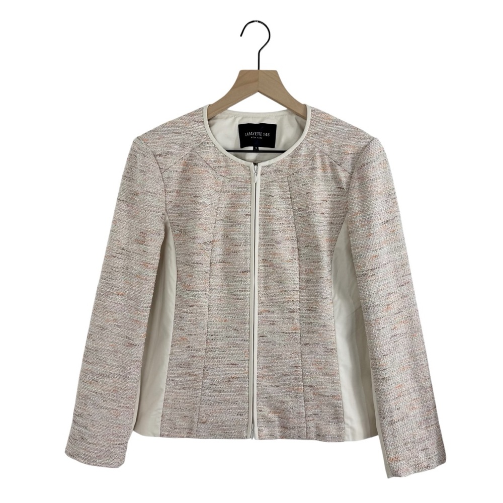 Lafayette 148 Tweed Zip Up Jacket Cream Gold Sz 10